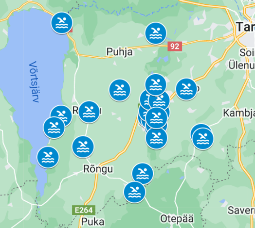 Vaade Elva piirkonna ujumiskohtade kaardile